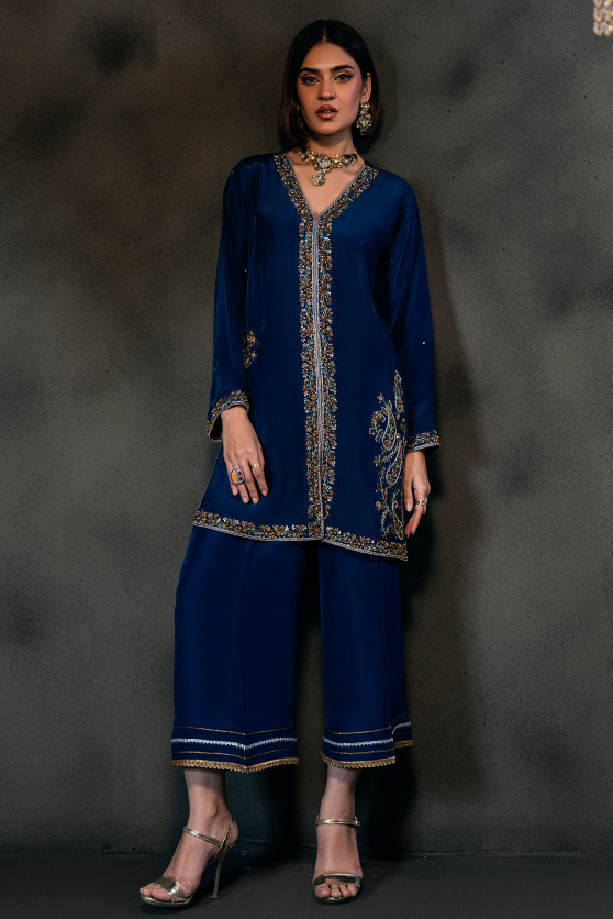 Deep Blue Embroidered Ramon Silk Salwar Kameez (2-Piece) - Image 4