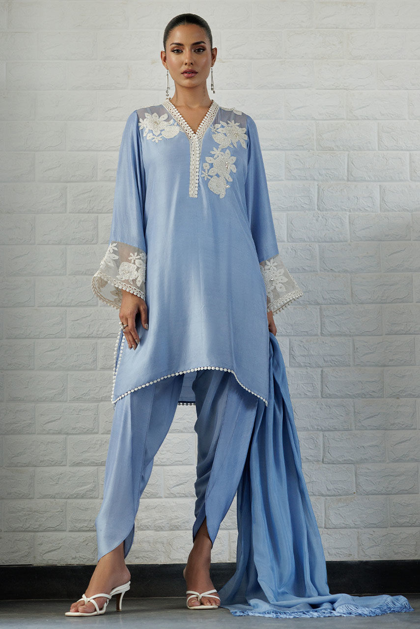 Pakistani Powder Blue 3D Floral Raw Silk Kurta Set (3-Piece) - Image 1