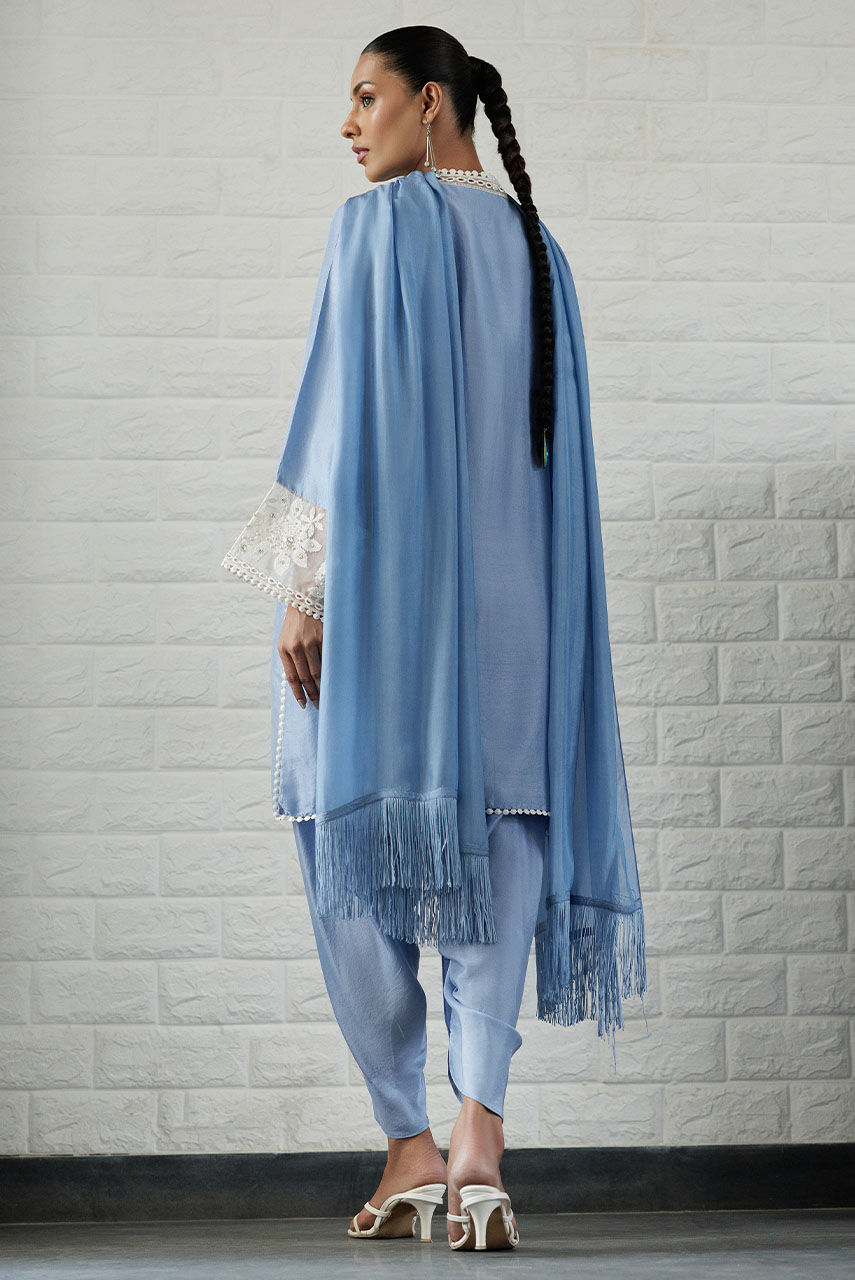 Pakistani Powder Blue 3D Floral Raw Silk Kurta Set (3-Piece) - Image 2