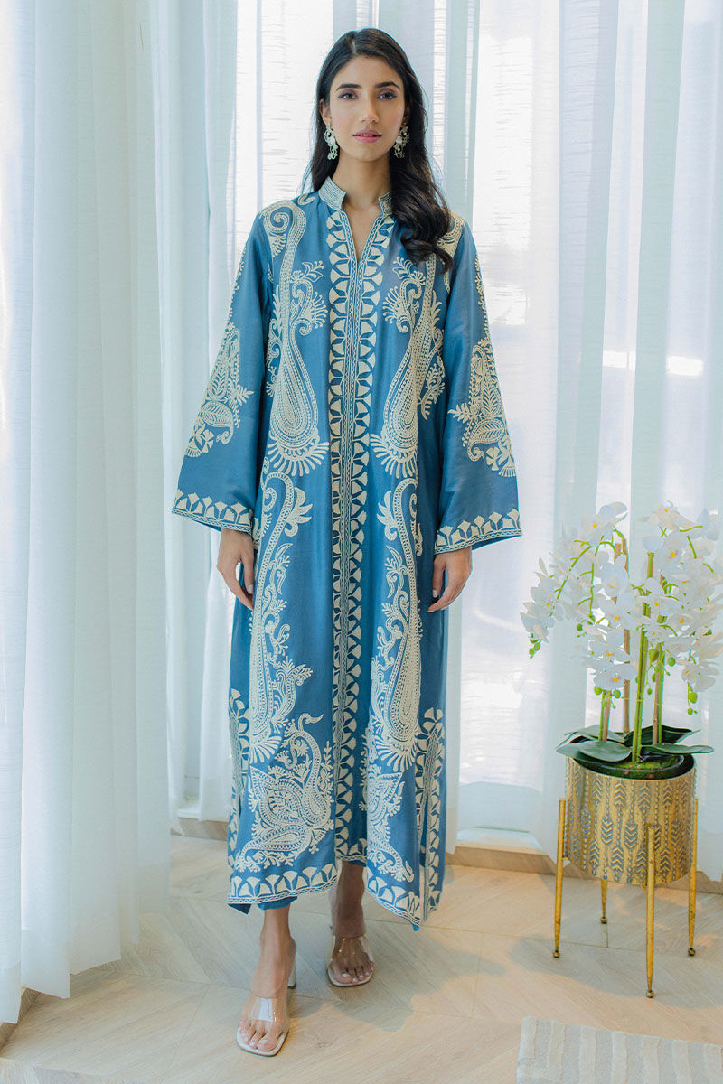 Ocean Blue Aari Embroidered Raw Silk Salwar Kameez (2-Piece) - Image 1