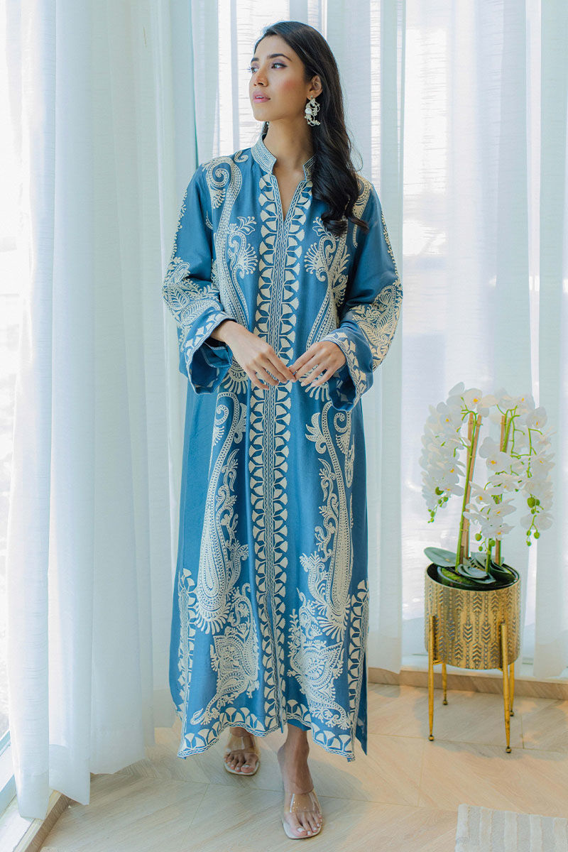 Ocean Blue Aari Embroidered Raw Silk Salwar Kameez (2-Piece) - Image 2