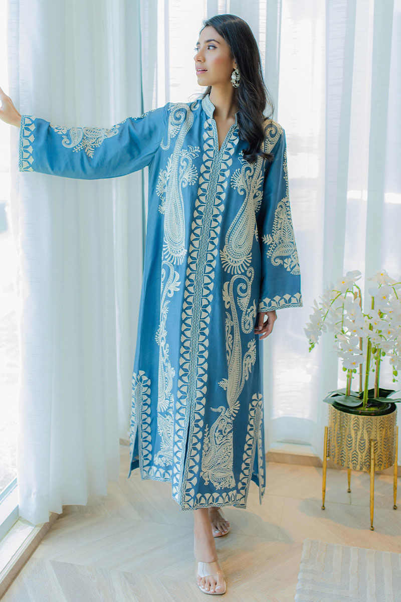 Ocean Blue Aari Embroidered Raw Silk Salwar Kameez (2-Piece) - Image 3