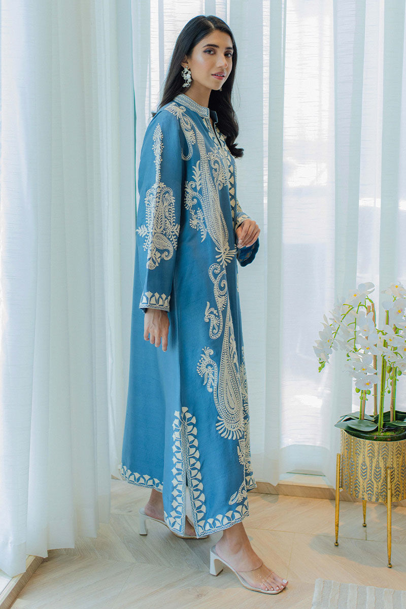 Ocean Blue Aari Embroidered Raw Silk Salwar Kameez (2-Piece) - Image 4