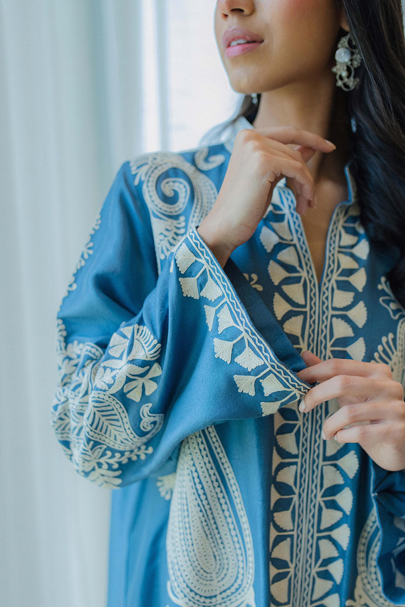 Ocean Blue Aari Embroidered Raw Silk Salwar Kameez (2-Piece) - Image 5