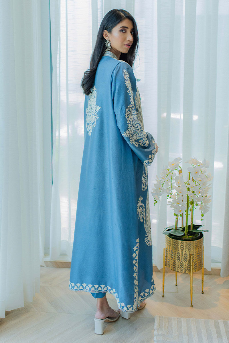 Ocean Blue Aari Embroidered Raw Silk Salwar Kameez (2-Piece) - Image 6