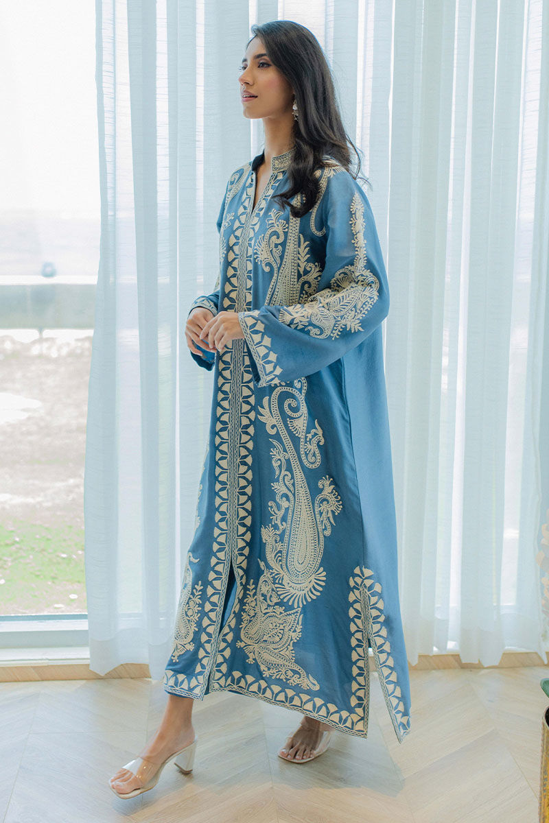 Ocean Blue Aari Embroidered Raw Silk Salwar Kameez (2-Piece) - Image 7
