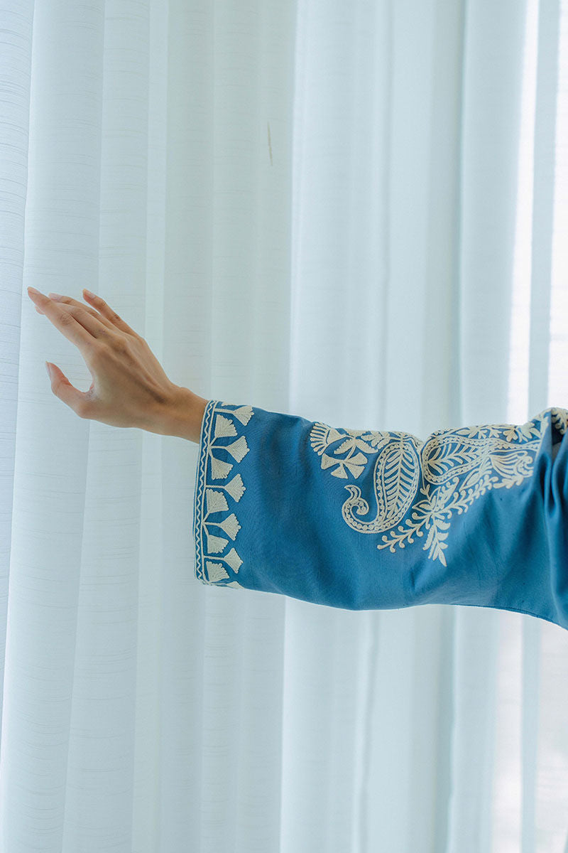 Ocean Blue Aari Embroidered Raw Silk Salwar Kameez (2-Piece) - Image 8