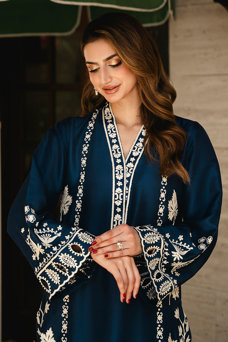 Deep Blue Aari Embroidered Silk Salwar Kameez (2-Piece) - Image 2