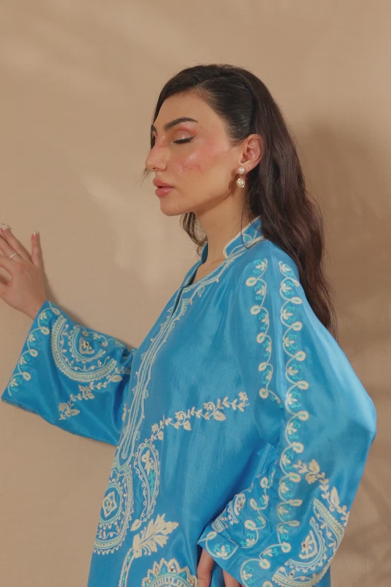 Pakistani Azure Aari & Sheesha Embroidered Silk Salwar Kameez (3-Piece) - Image 8