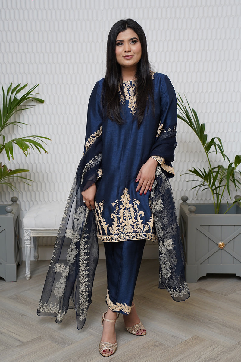 Pakistani Midnight Blue Embroidered Raw Silk Salwar Kameez (3-Piece) - Image 1