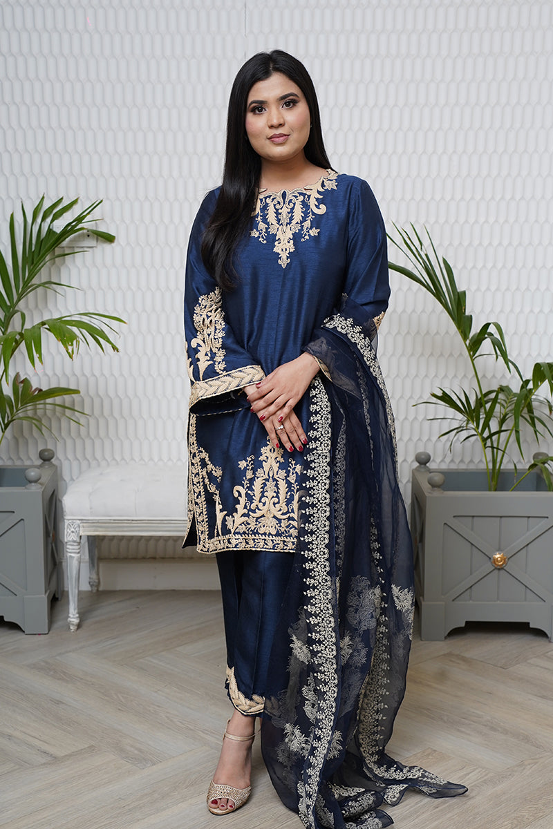 Pakistani Midnight Blue Embroidered Raw Silk Salwar Kameez (3-Piece) - Image 10