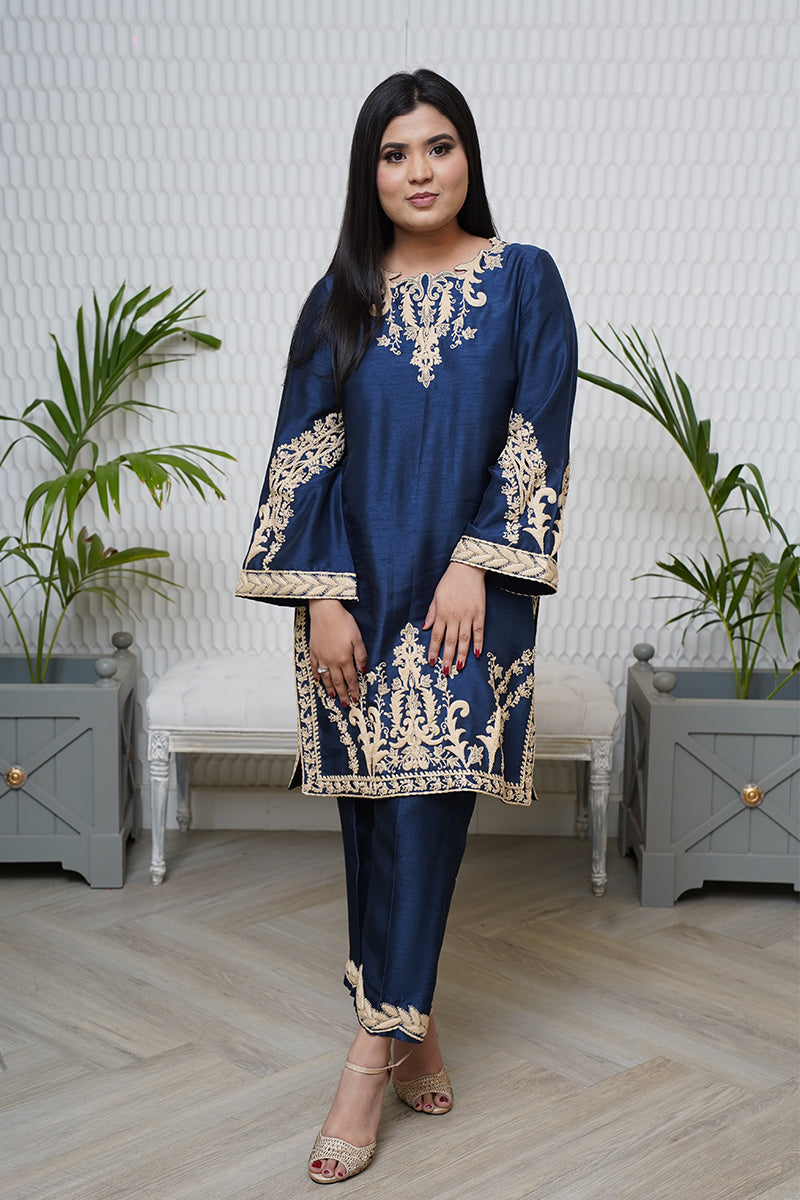 Pakistani Midnight Blue Embroidered Raw Silk Salwar Kameez (3-Piece) - Image 11