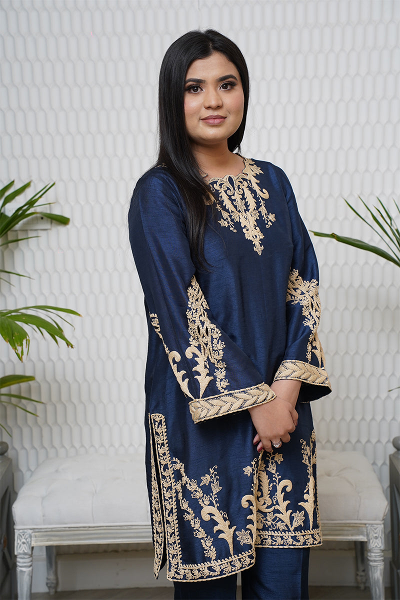 Pakistani Midnight Blue Embroidered Raw Silk Salwar Kameez (3-Piece) - Image 12