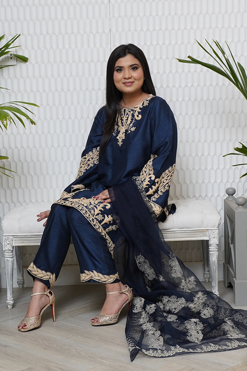 Pakistani Midnight Blue Embroidered Raw Silk Salwar Kameez (3-Piece) - Image 13