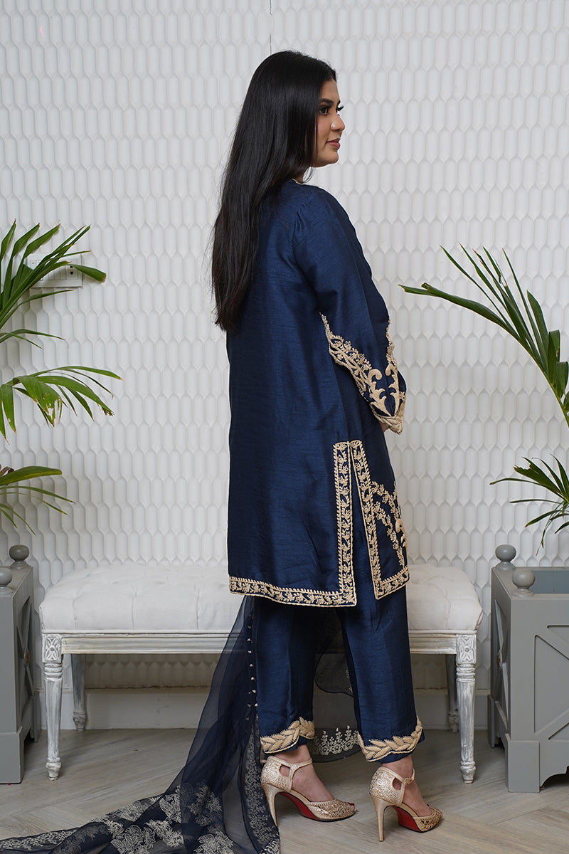 Pakistani Midnight Blue Embroidered Raw Silk Salwar Kameez (3-Piece) - Image 2