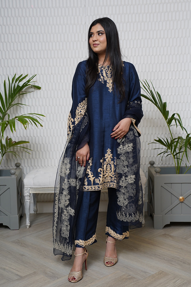 Pakistani Midnight Blue Embroidered Raw Silk Salwar Kameez (3-Piece) - Image 3