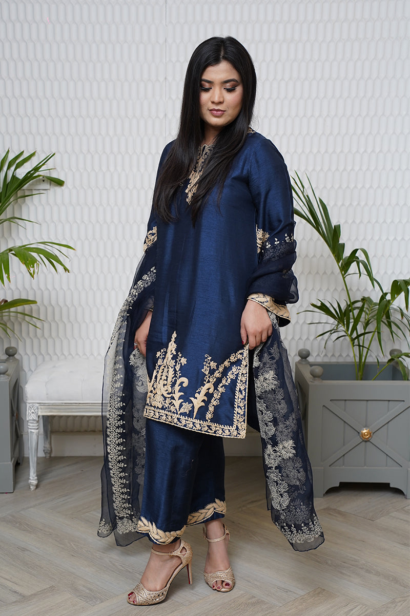 Pakistani Midnight Blue Embroidered Raw Silk Salwar Kameez (3-Piece) - Image 4