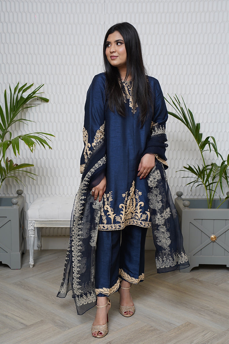Pakistani Midnight Blue Embroidered Raw Silk Salwar Kameez (3-Piece) - Image 5