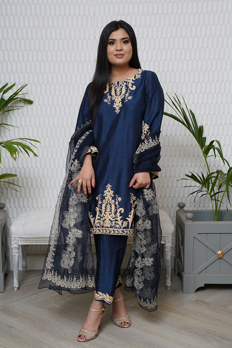Pakistani Midnight Blue Embroidered Raw Silk Salwar Kameez (3-Piece) - Image 6