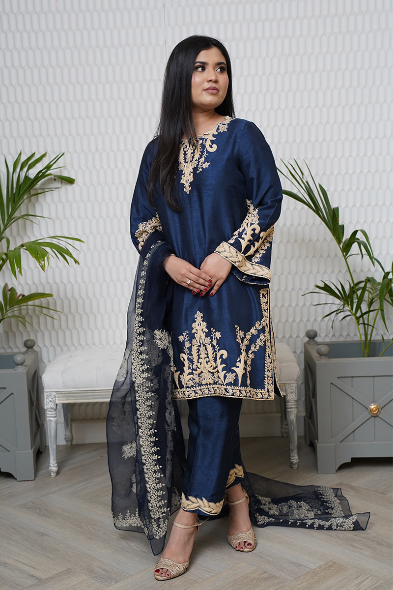 Pakistani Midnight Blue Embroidered Raw Silk Salwar Kameez (3-Piece) - Image 7
