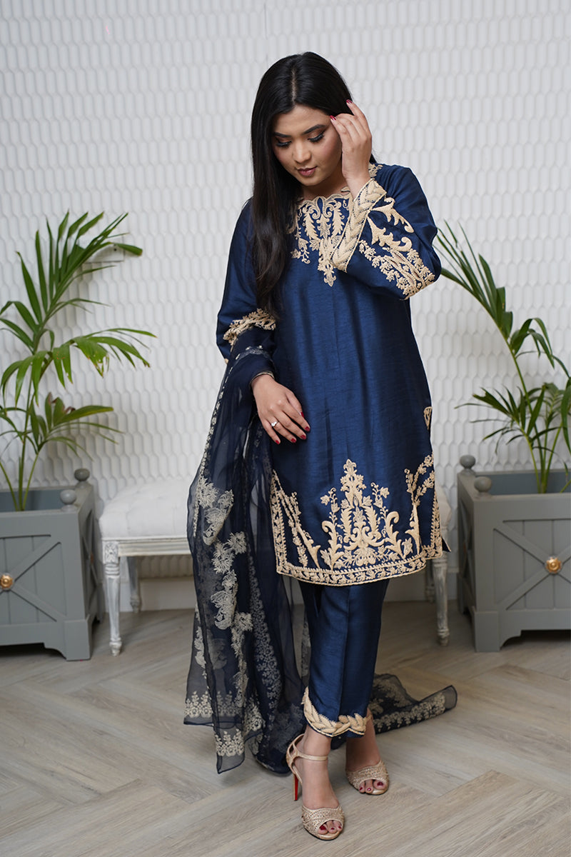 Pakistani Midnight Blue Embroidered Raw Silk Salwar Kameez (3-Piece) - Image 8