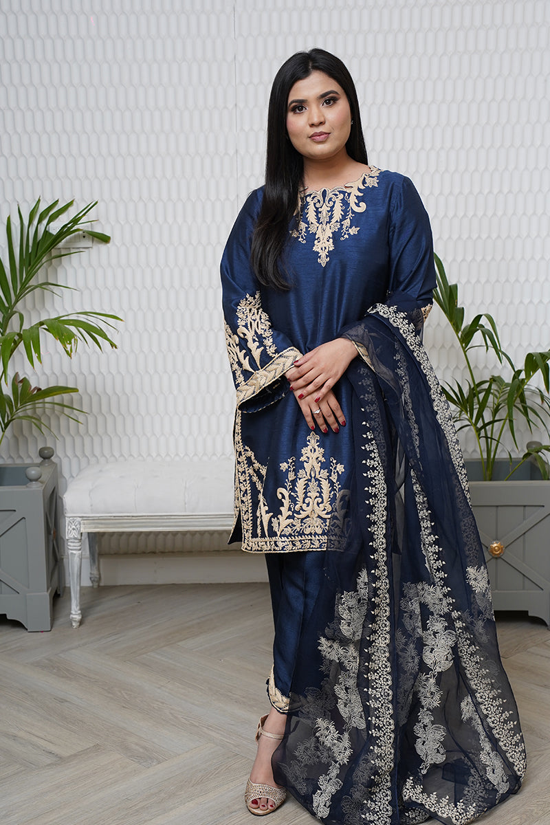 Pakistani Midnight Blue Embroidered Raw Silk Salwar Kameez (3-Piece) - Image 9