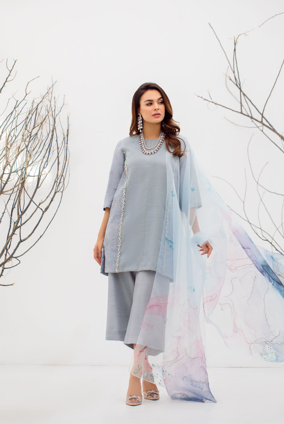 Pakistani Sky Blue Beaded Knitted Doria & Raw Silk Suit (3-Piece) - Image 1