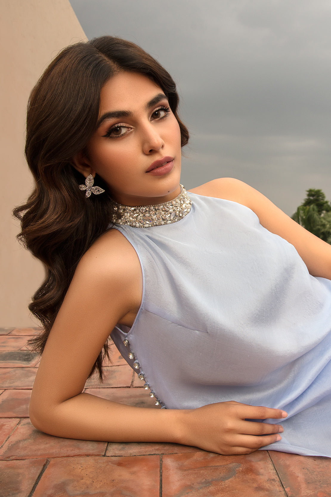 Powder Blue Beaded Raw Silk Salwar Kameez (3-Piece) - Image 3