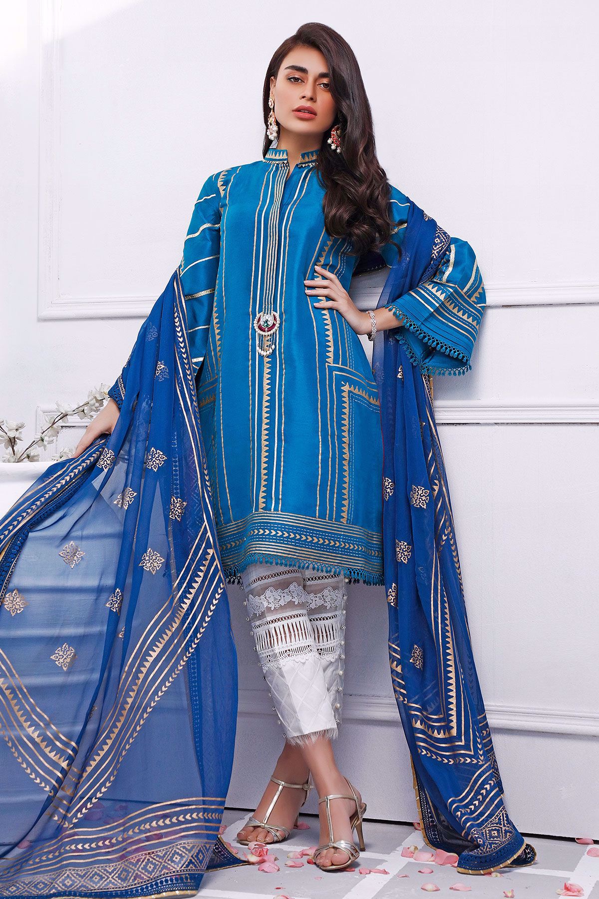 Ultramarine Blue Block Print Raw Silk Salwar Kameez (3-Piece) - Image 1