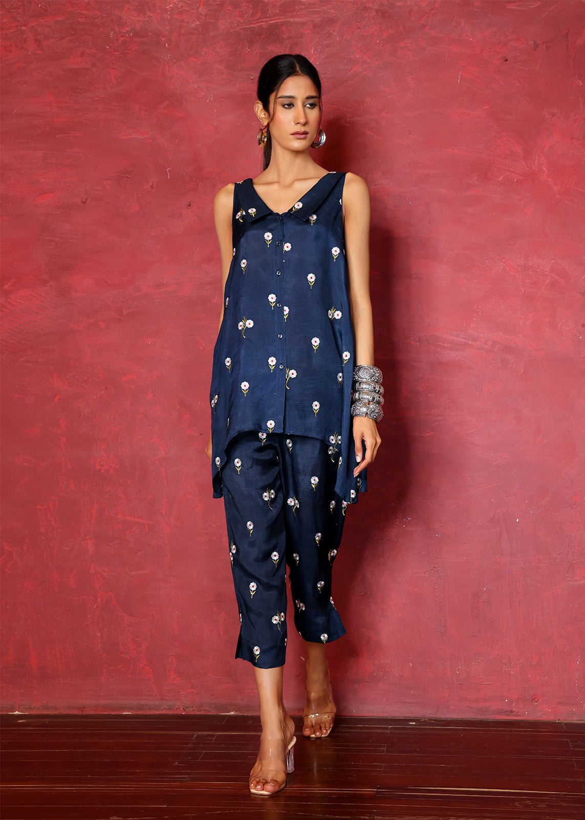 Pakistani Deep Blue Chikan Embroidered Raw Silk Kurta Set (2-Piece) - Image 1