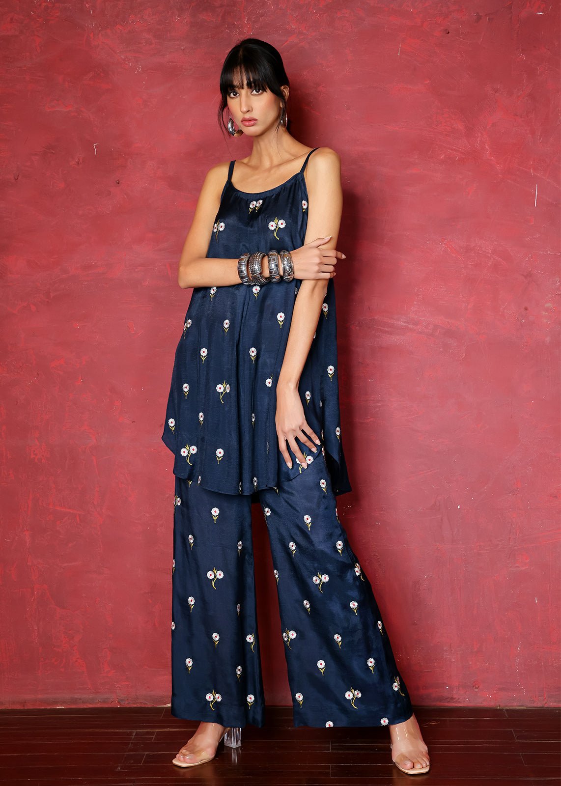 Deep Blue Chikan Embroidered Raw Silk Kurta (2-Piece) - Image 1