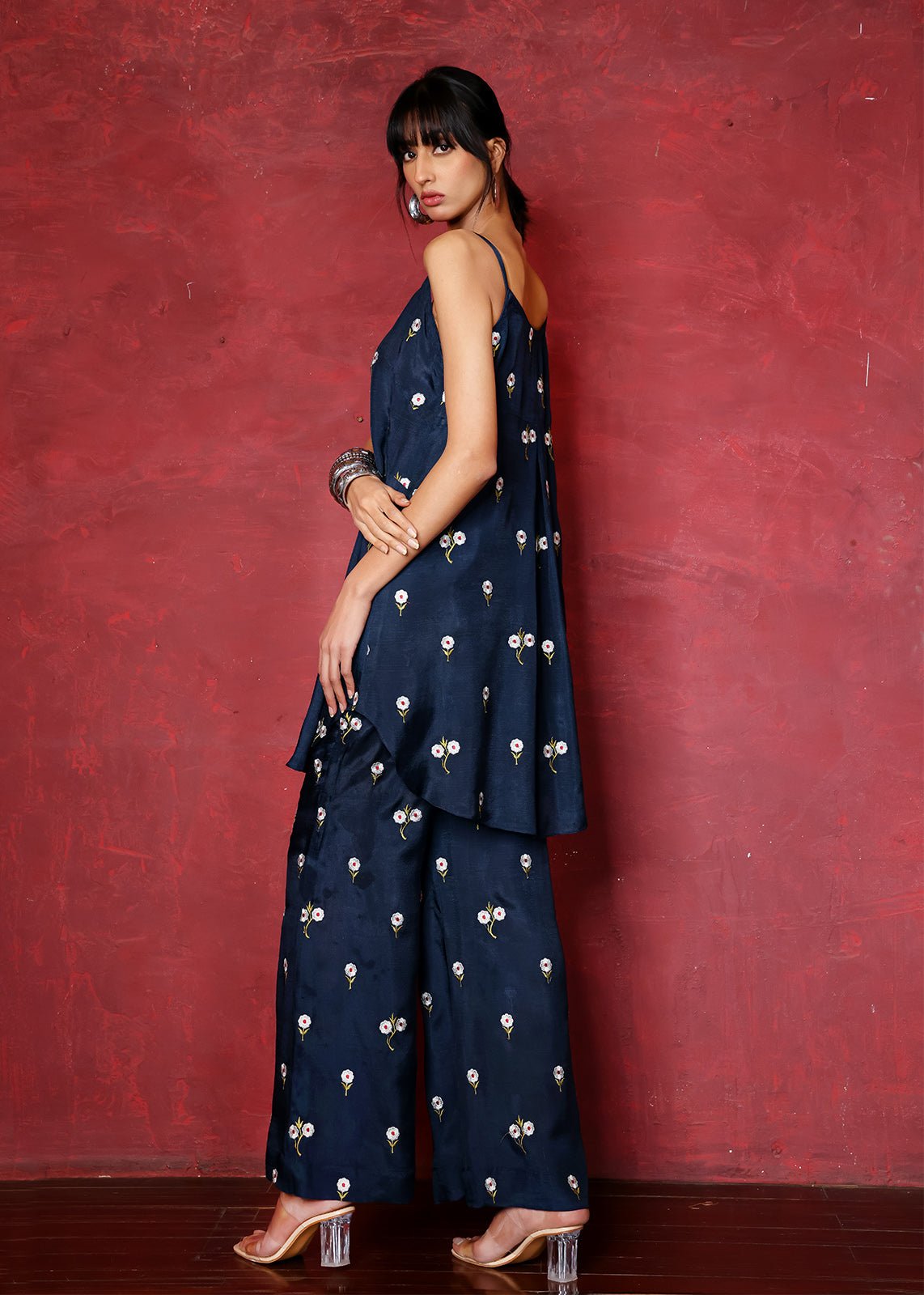 Deep Blue Chikan Embroidered Raw Silk Kurta (2-Piece) - Image 4