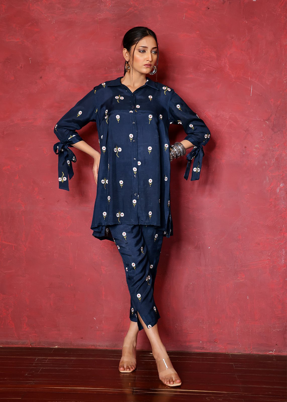 Navy Blue Chikan Embroidered Raw Silk Kurta Set (2-Piece) - Image 1