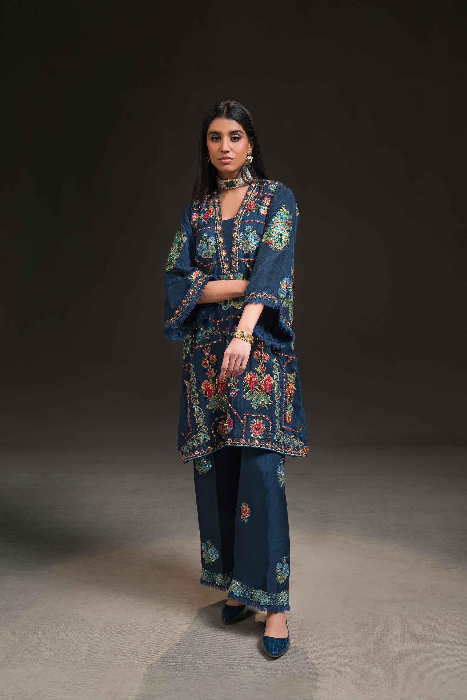 Pakistani Deep Prussian Blue Cross Stitch Silk Salwar Kameez (2-Piece) - Image 1