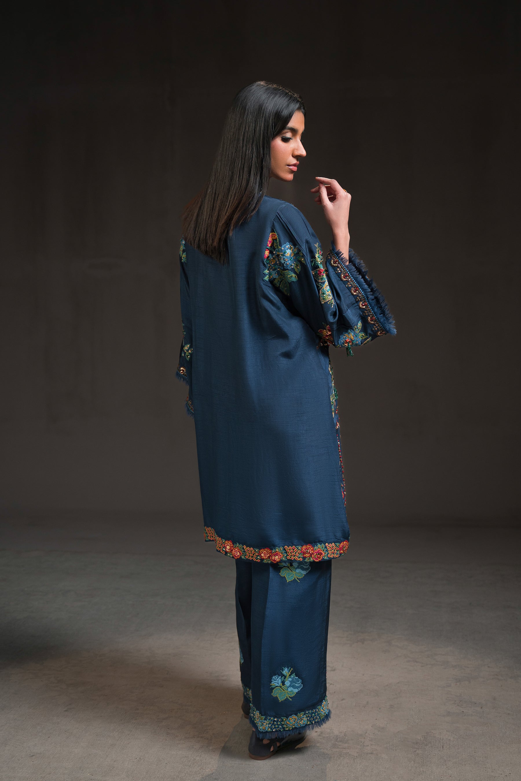 Pakistani Deep Prussian Blue Cross Stitch Silk Salwar Kameez (2-Piece) - Image 3
