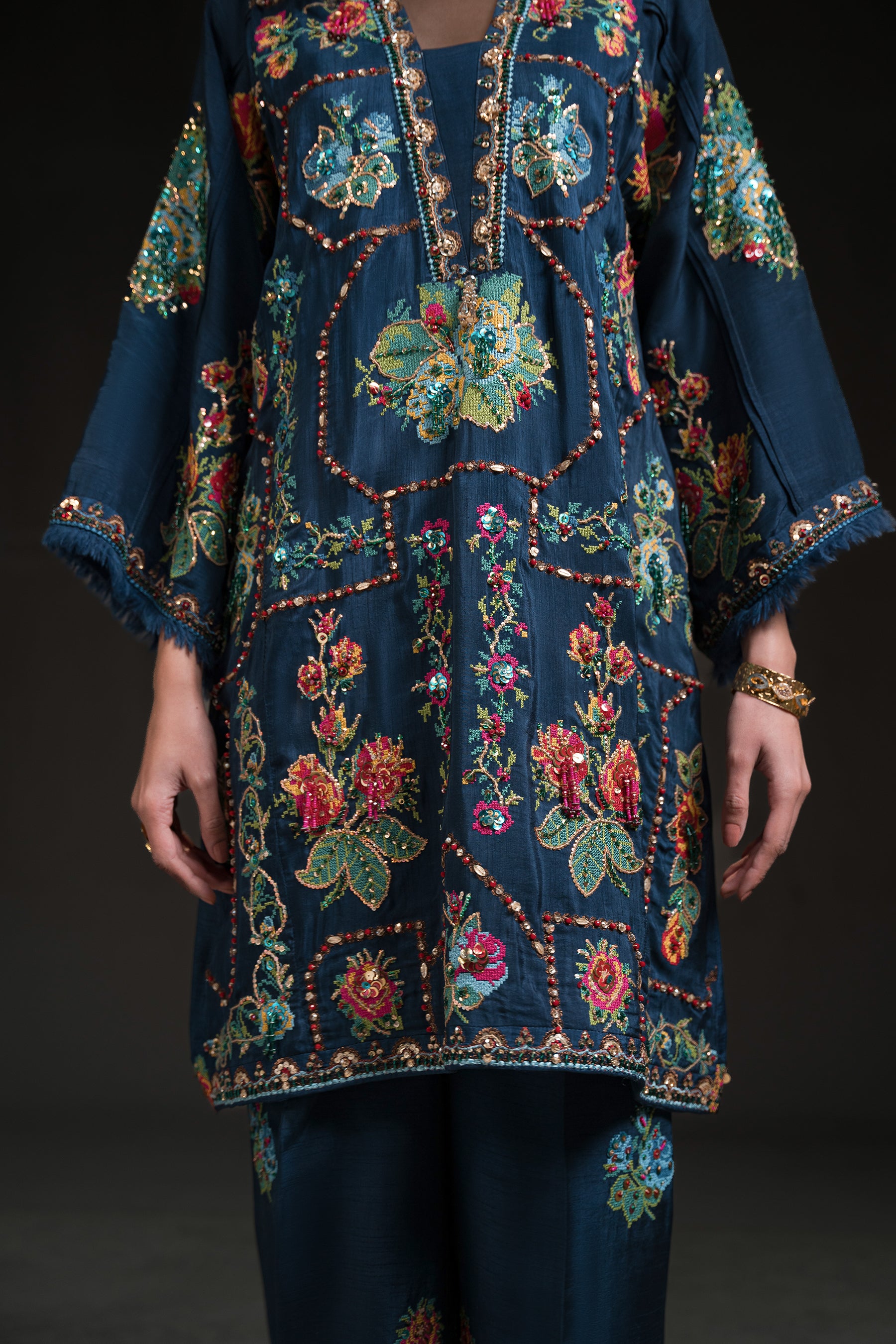 Pakistani Deep Prussian Blue Cross Stitch Silk Salwar Kameez (2-Piece) - Image 5