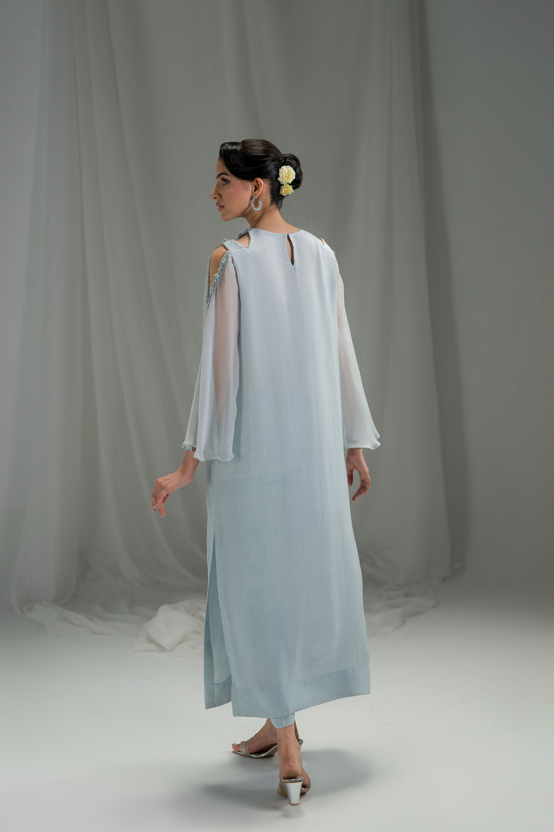 Pakistani Ice Blue Embellished Raw Silk Salwar Kameez (2-Piece) - Image 4