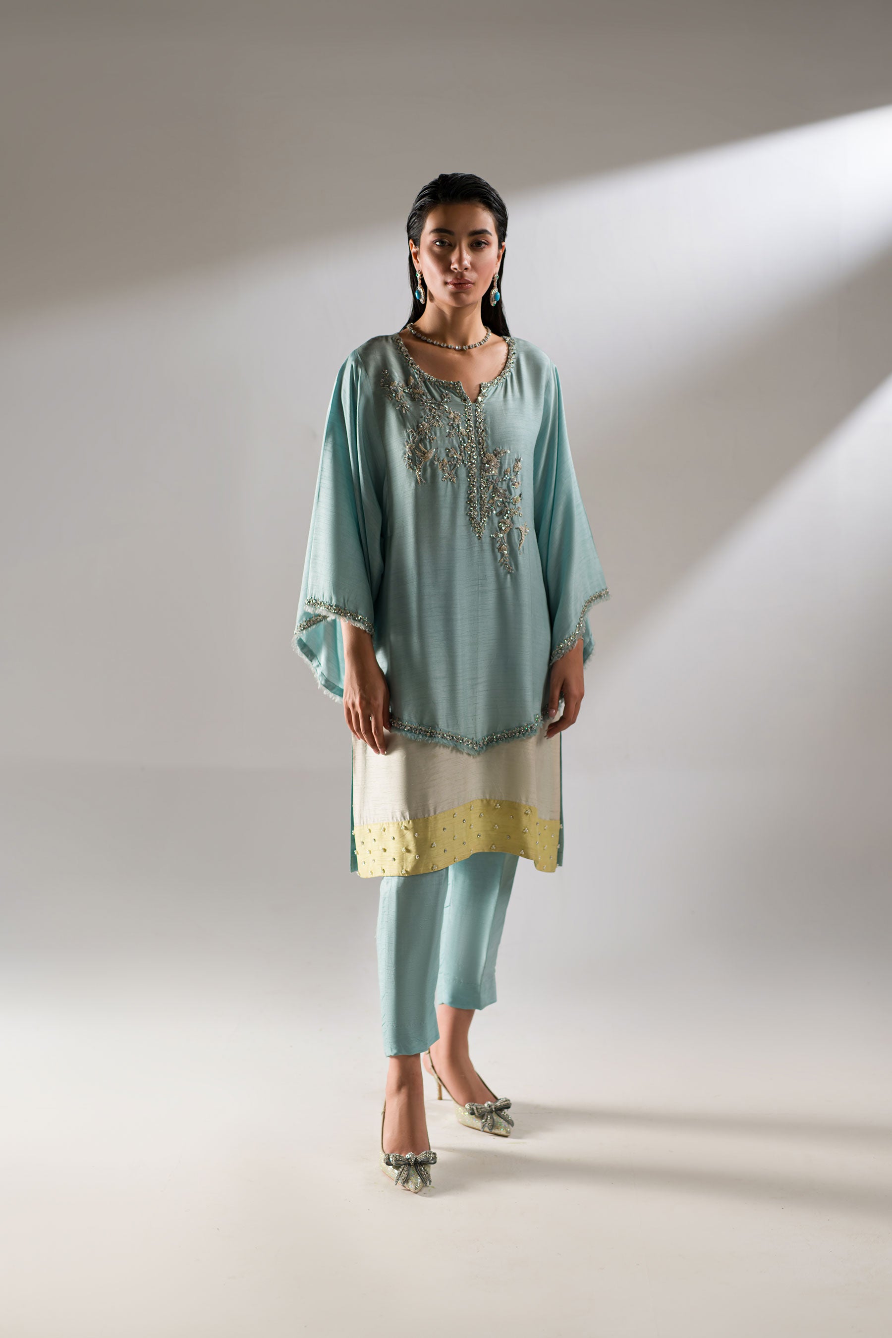 Aqua Blue Embellished Blended Raw Silk Salwar Kameez (3-Piece) - Image 1