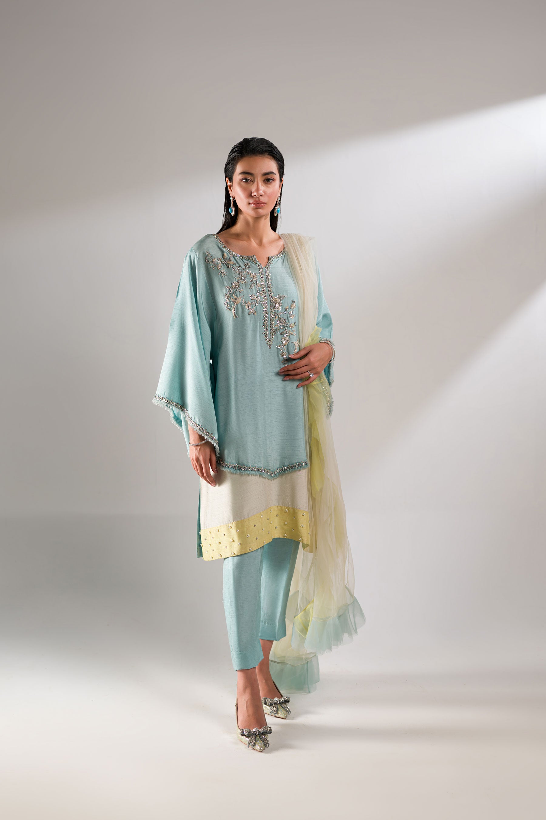 Aqua Blue Embellished Blended Raw Silk Salwar Kameez (3-Piece) - Image 3