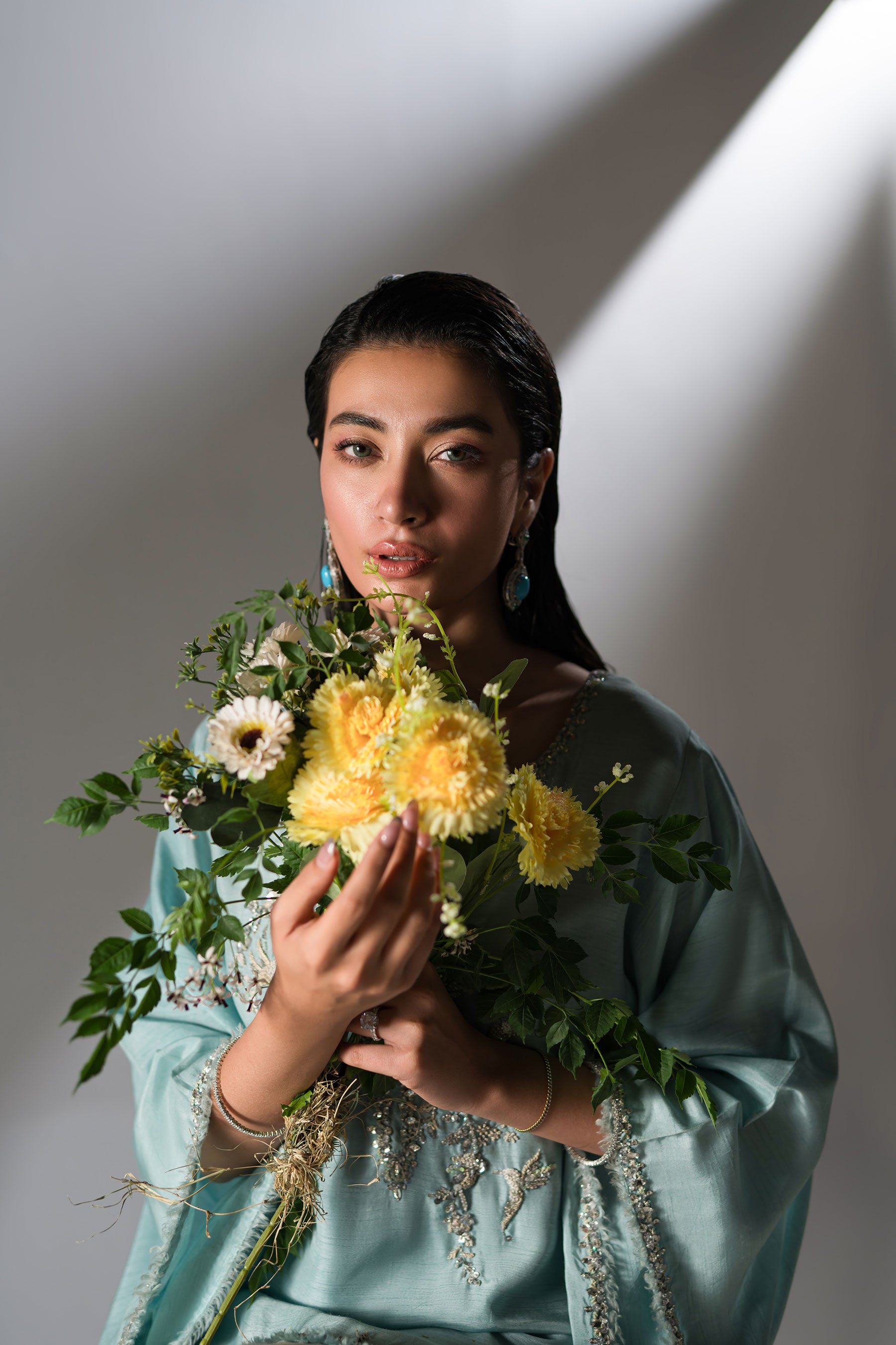 Aqua Blue Embellished Blended Raw Silk Salwar Kameez (3-Piece) - Image 4