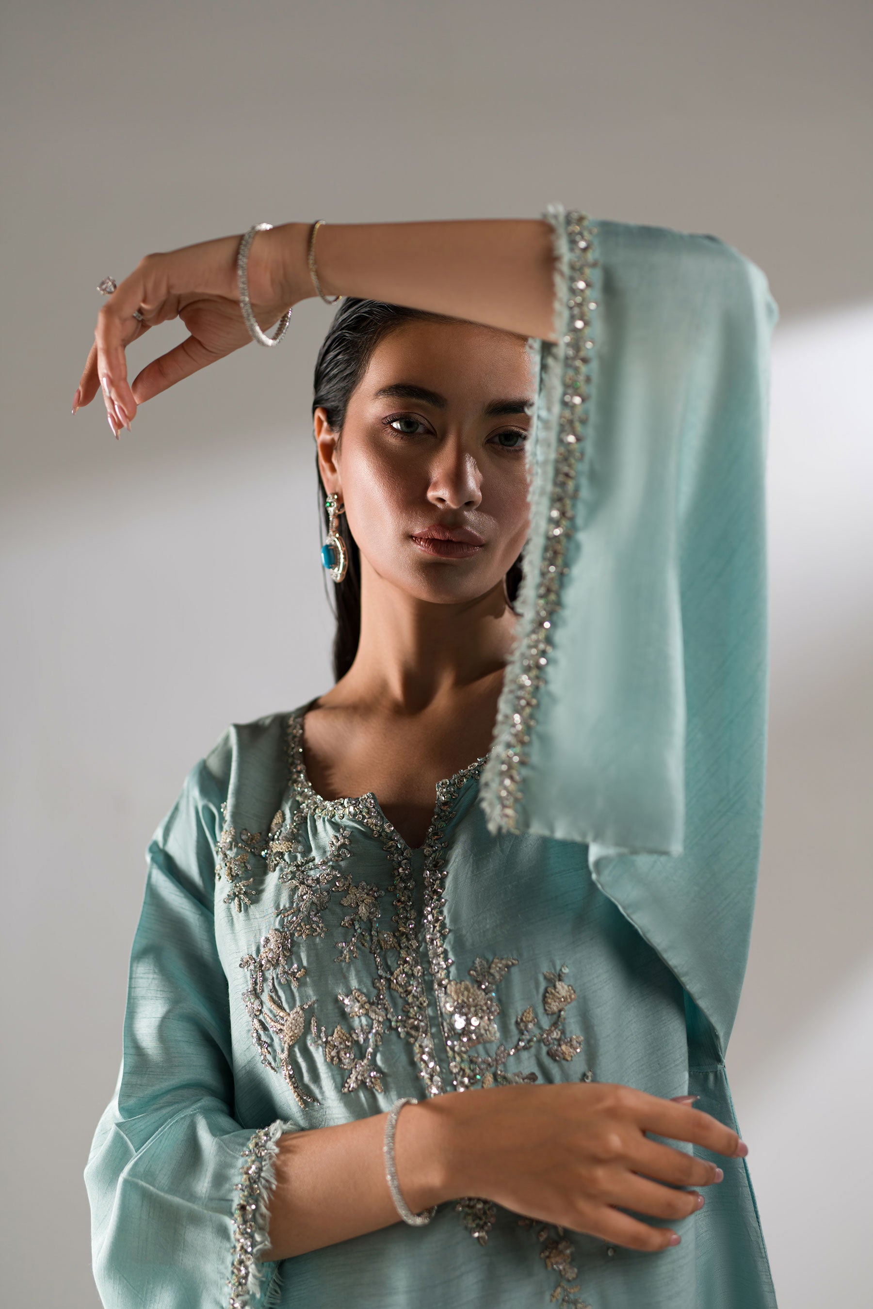 Aqua Blue Embellished Blended Raw Silk Salwar Kameez (3-Piece) - Image 5