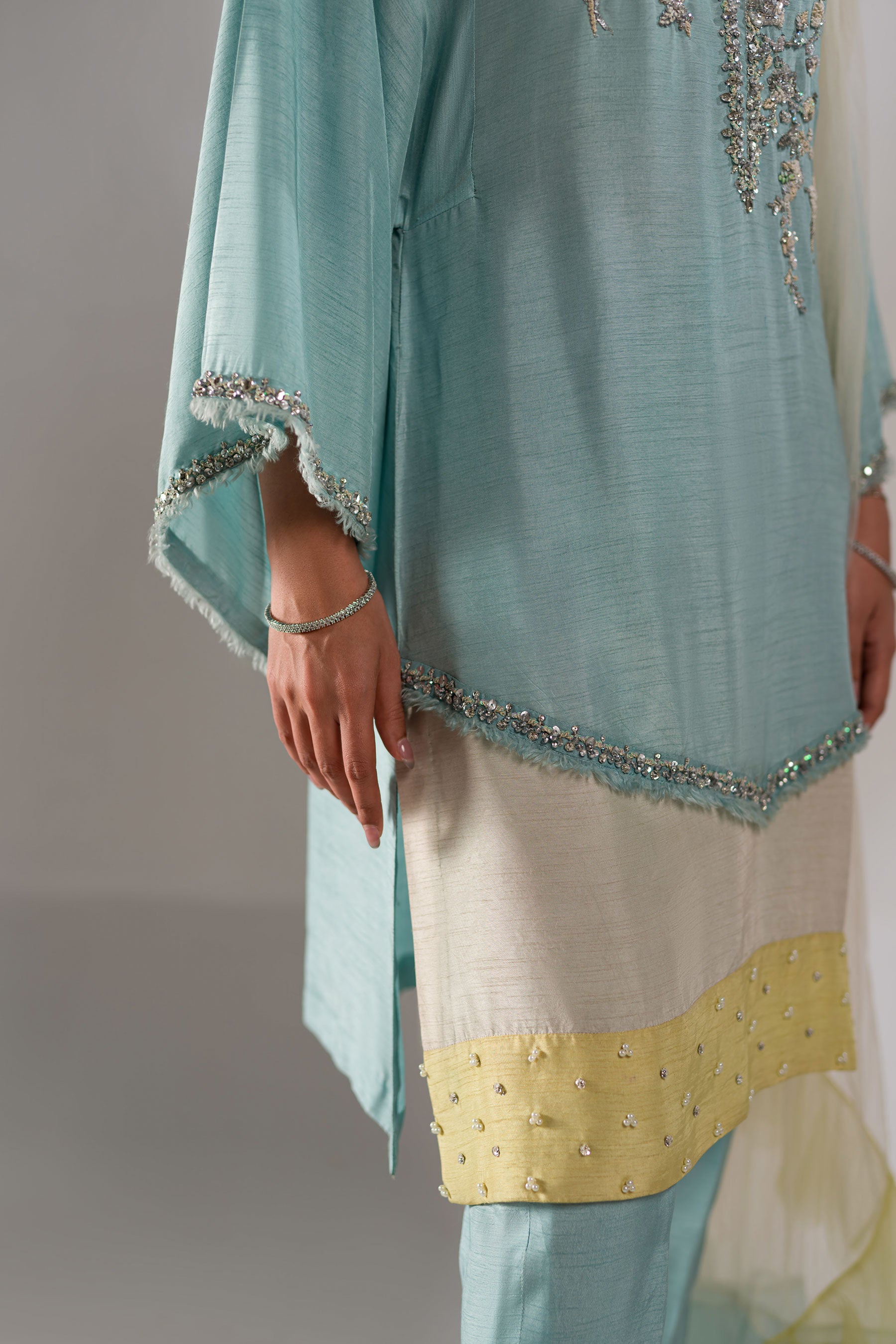 Aqua Blue Embellished Blended Raw Silk Salwar Kameez (3-Piece) - Image 6