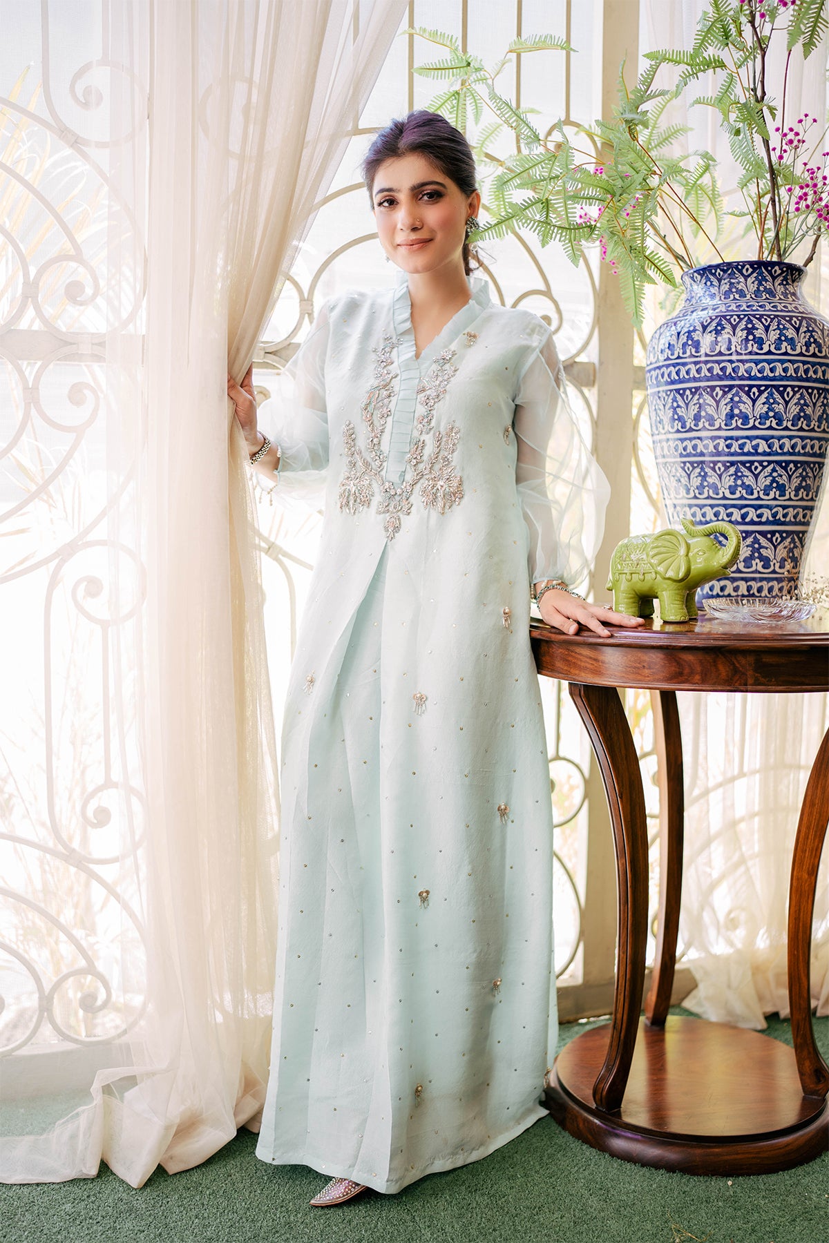 Pakistani Ice Blue Dabka Embroidered Raw Silk Long Shirt (2-Piece) - Image 1