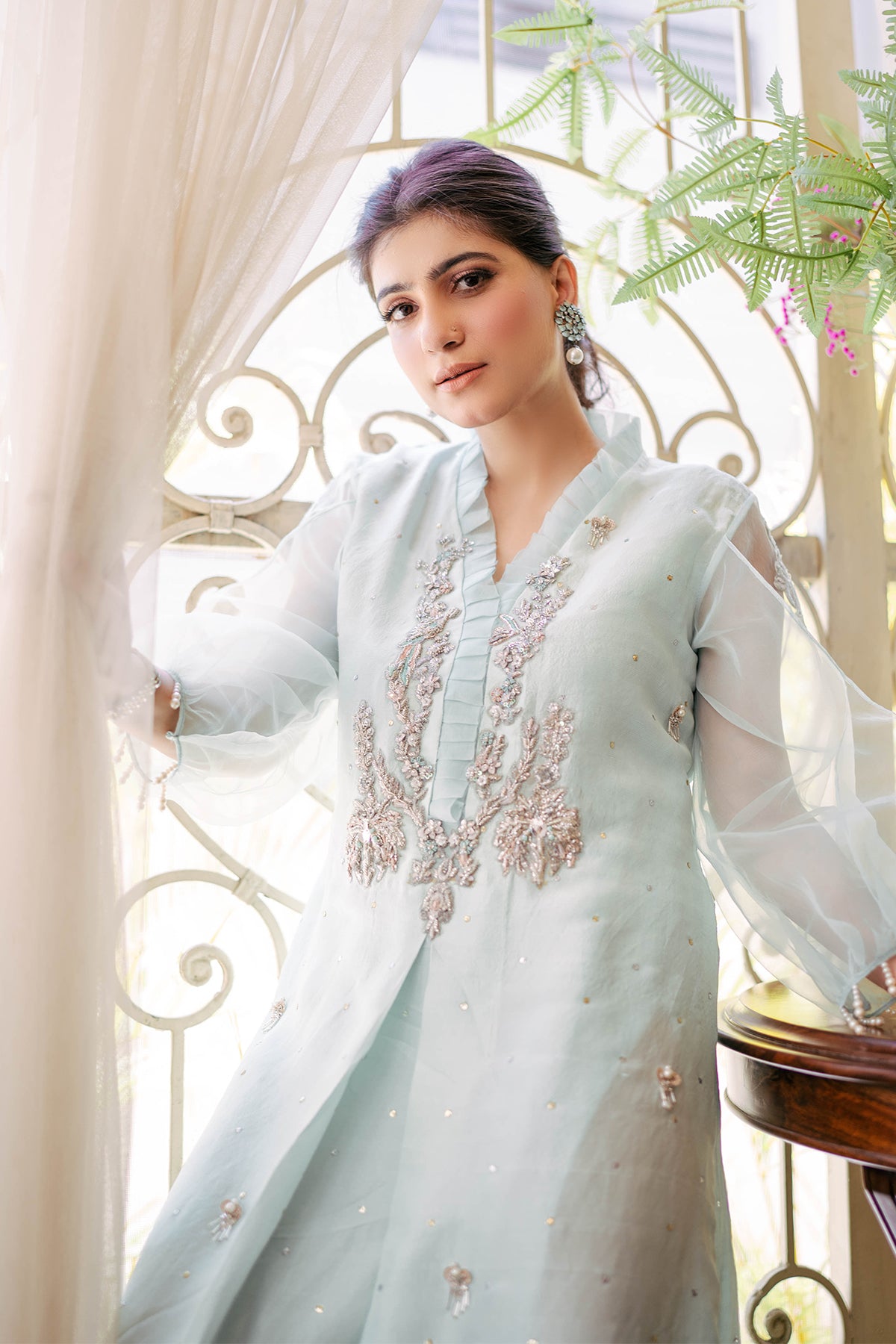Pakistani Ice Blue Dabka Embroidered Raw Silk Long Shirt (2-Piece) - Image 3