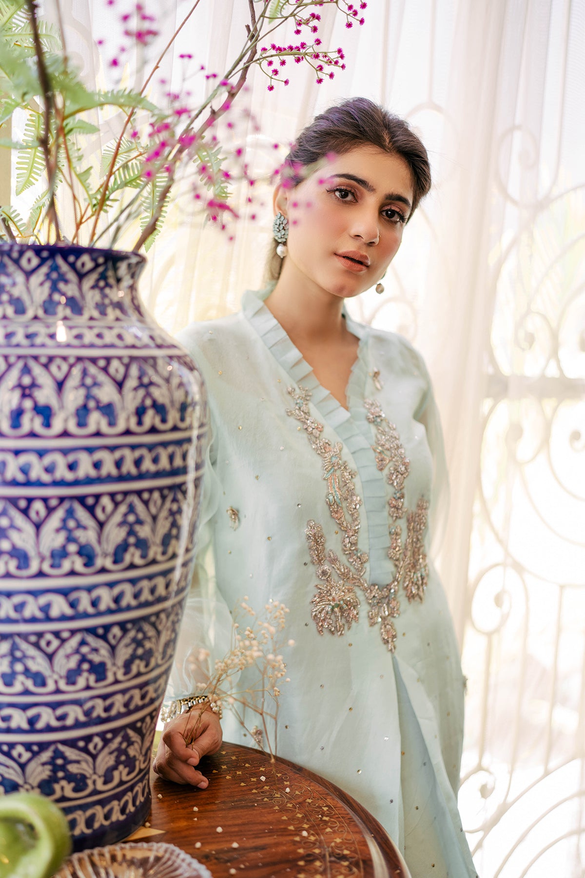 Pakistani Ice Blue Dabka Embroidered Raw Silk Long Shirt (2-Piece) - Image 4