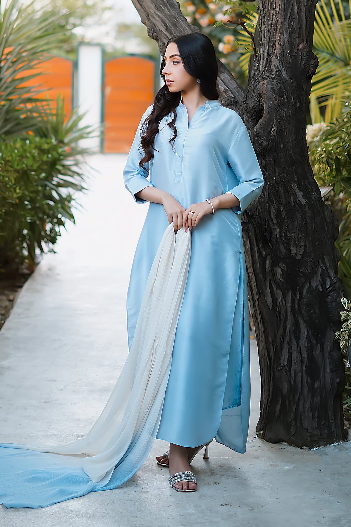 Pakistani Sky Blue Dip-Dye Pure Raw Silk Salwar Kameez (3-Piece) - Image 1