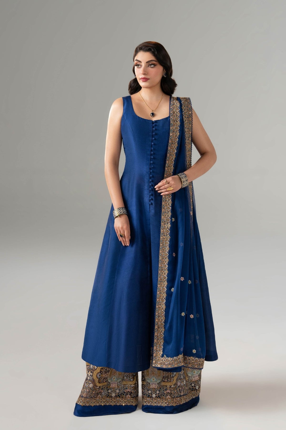 Pakistani Vibrant Blue Embroidered Raw Silk Kurta Set (3-Piece) - Image 1