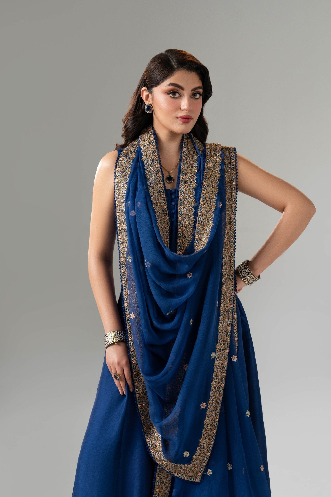 Pakistani Vibrant Blue Embroidered Raw Silk Kurta Set (3-Piece) - Image 3