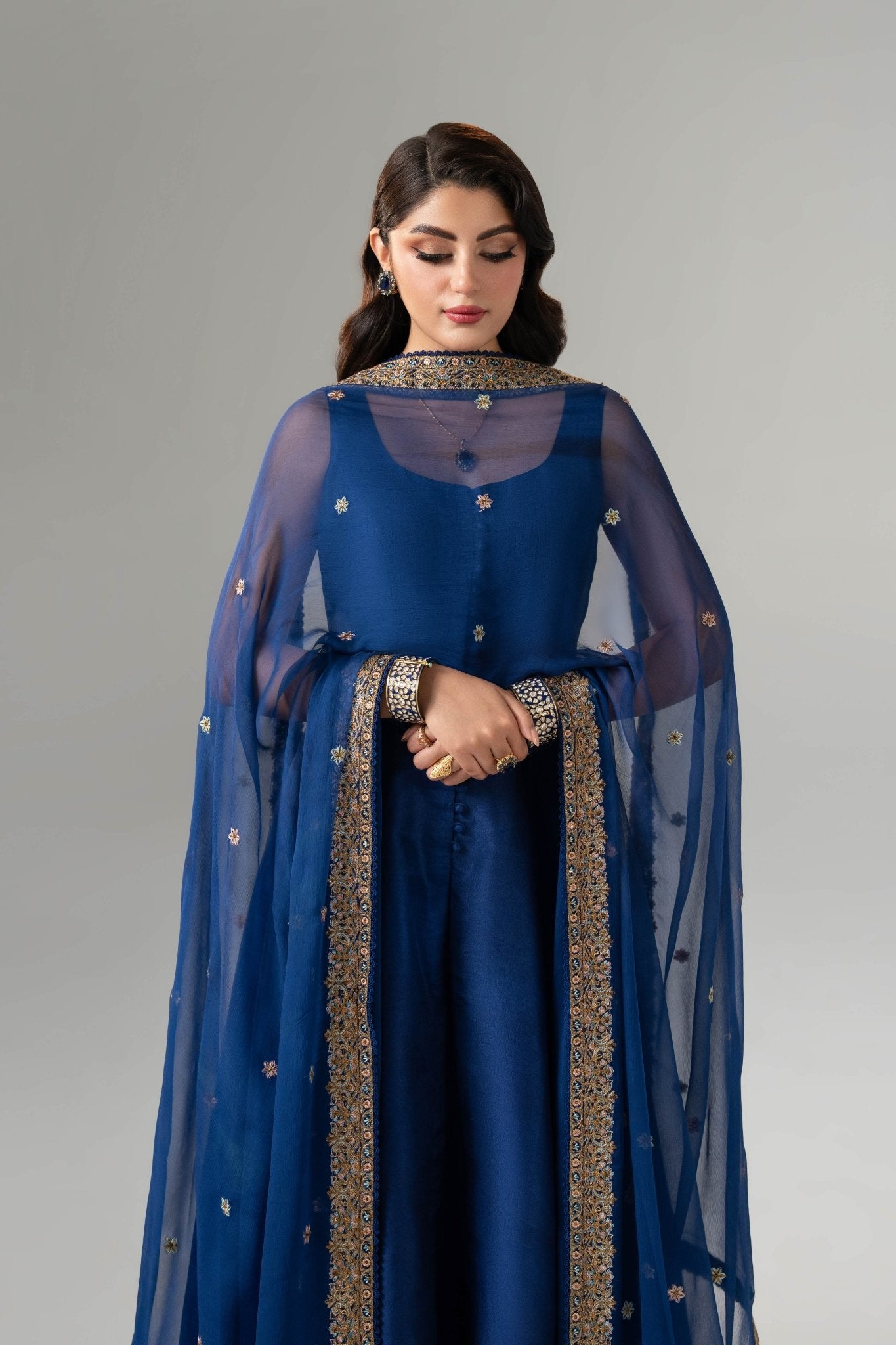 Pakistani Vibrant Blue Embroidered Raw Silk Kurta Set (3-Piece) - Image 4