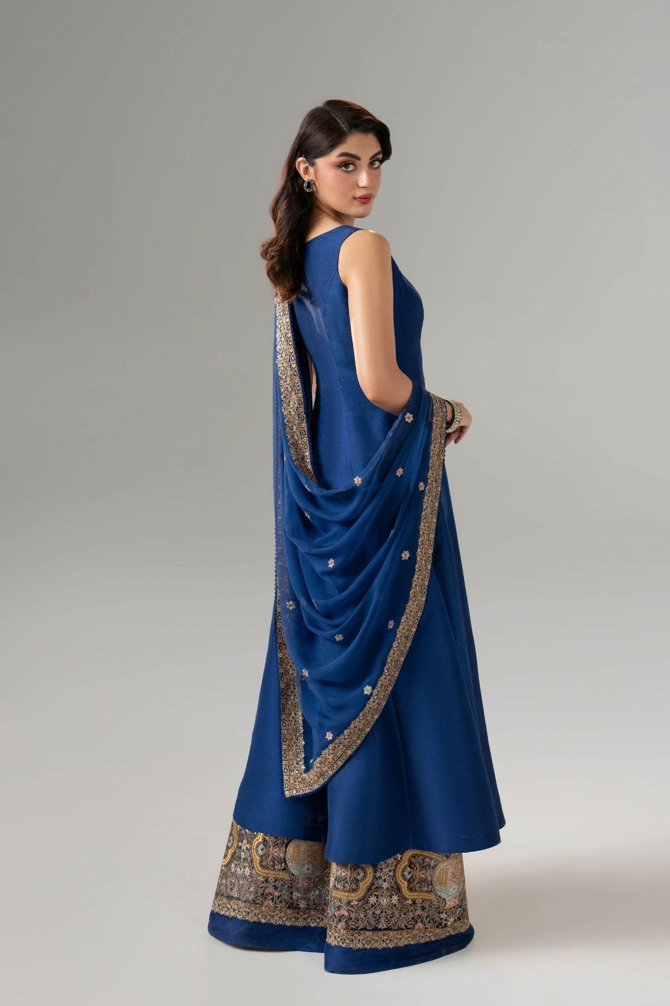 Pakistani Vibrant Blue Embroidered Raw Silk Kurta Set (3-Piece) - Image 6